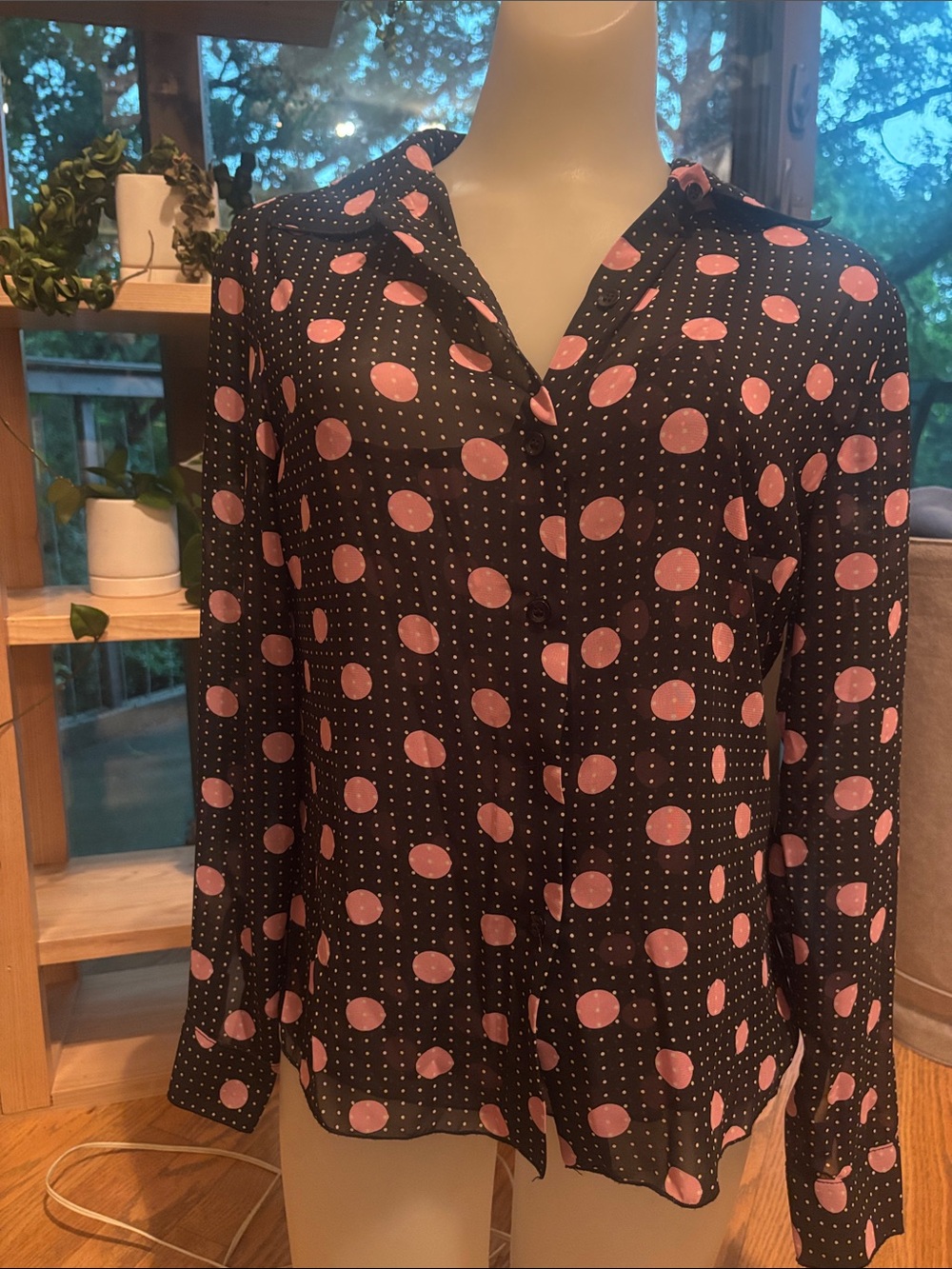 Black Button-Down Shirt with Pink Polka Dots size 8